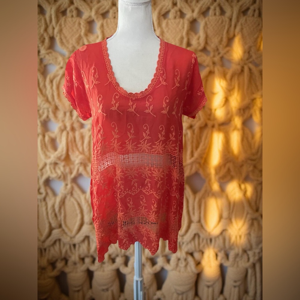 Johnny Was Orange Embroidery tunic blouse eyelet size XS round short sleeve lace - Picture 6 of 16